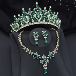 Yeşil Taç Gelin Takı Setleri Kadın Tiaras ve Kolye Küpe Prom Gelin Gelinlik Kostüm Aksesuarları 240202