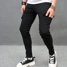 2024 novo preto ultra fino masculino elástico jeans calças de carga moda hip hop roupas de rua dos homens roupas de trabalho bolso denim calças 240206