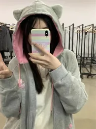 QWEEK Harajuku Kawaii Gray Hoodie Women Japanese Y2K Cute Cat Ears Navy Hooded Sweatshirts Oversized Lolita Sweet Zip Up Jacket 240202