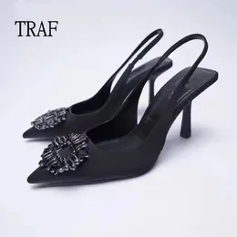 Traf Black Women Pumps Shoes Fashion Rhinestone High Heels 여성 샌들 Stiletto Stiletto weed weddings 신부 신발 240118