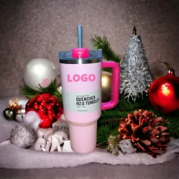 핑크 플라밍고 40oz Quencher H2.0 커피 머그잔 컵 야외 캠핑 여행용 자동차 컵 스테인리스 스틸 텀블러 컵 발렌타인 선물 1 : 1 동일한 로고 0206