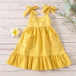 Flickklänningar Citgeesummer barn Suspender klänning fast färg blommig rufsad ärmlösa gula kläder