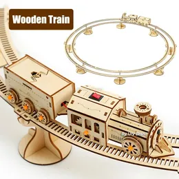 3D-Puzzle, beweglicher Dampfzug mit Gleis, elektrische Montage, Spielzeug, Geschenk für Kinder und Erwachsene, Holzmodellbausätze, 240122
