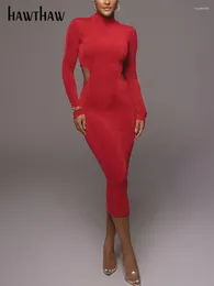 Sukienki swobodne Hawthaw Women 2024 Wiosna jesień mody Bodycon Bodycon Backcon Backon Streetwear Red Midi Dress Hurtowe przedmioty do biznesu