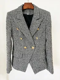 High street est f/w designer casaco de lã feminino fino encaixe leão botões espinha de peixe listrado tweed jaqueta blazer 240129