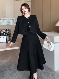 Alta qualidade francês conjunto de duas peças feminino tweed sólido simples o-pescoço manga longa jaqueta casaco cintura alta saia terno roupas outono 240125