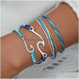 Charm Bracelets Hand Weave Fish Hook Bracelet Adjustable Mtilayer Wrap Women Summer Beach Jewelry Will And Sandy Drop Delivery Dhjmf