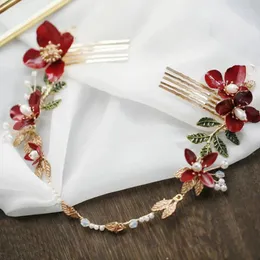 Hair Clips Retro Red Enamel Flower Bridel Band Gold Color Leaf Headpiece Vine Pearl Wedding Accessories Jewelry