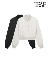 Kvinnors jackor traf kvinnor mode sida fickor satin beskuren bomber jacka kappa vintage långärmad snäppknapp kvinnlig ytterkläder chic toppar