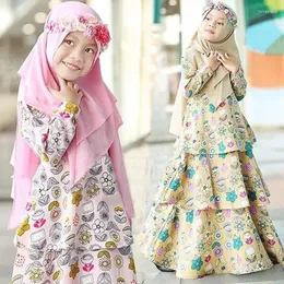 Abbigliamento etnico 2 pezzi Set musulmani Ragazze per bambini Hijab Abaya Caftano Ramadan Eid Abito da preghiera Foulard islamico Floreale Abito lungo Bambini arabi