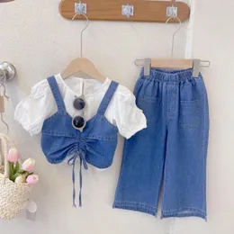 Clothing Sets Baby Girl Clothes Summer White Tshirt Denim Suspenders And Jeans 3Pcs Suit Wide Leg Pants Korean Children's Top Bottom Set