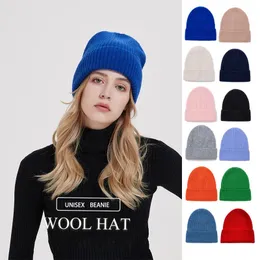 Pure Wool Knitted Beanie Unisex Winter Thick 100%Woolen Hat Classic Mens and Women Cap Ski Solid Sheep-Wool Warm Skull Headwear 240123