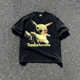Men's T-Shirts SAINT MICHAEL CHO Pikachu distressed short sleeved Vintage trendy American washed T-shirt for men