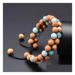 Perline Vintage Amazonite Perline di legno Bracciale a doppia fila Braccialetti regolabili intrecciati in pietra Bracciale rigido Donna Uomo Gioielli di moda W Dhpdv