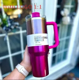 카멜리아 핑크 그라디언트 H2.0 40oz 스테인리스 스틸 텀블러 컵 실리콘 핸들 뚜껑과 밀짚 여행용 차 머그 컵은 차가운 물병을 계속 마시고 있습니다. 0206