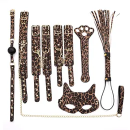 Sexuelles Bondage-BDSM-Set, 7-teiliges Set mit verstellbaren Handschellen, Halsband, Ballknebel, Maske, Spiel für Erwachsene, Sexspielzeug, goldener Leopard, 240130