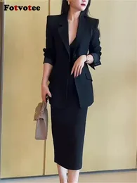 Fotvotee Black Skirt Suits for Women Autumn Korean Office Ladies Leng Sleeve Blazer Highウエスト2ピースセット240202