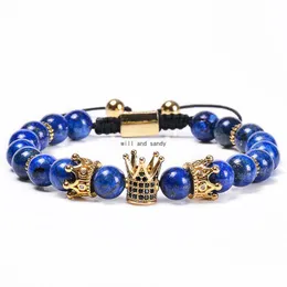 Beaded Copper Micro-Inlaided Zircon Diamond Crown Armband Natural Stone Lapis Lazi Beads Strand Armband Armband flätade kvinnor män dhynk