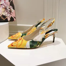 Slingback saltos altos imprime sapatos de luxo mulheres apontou toe stiletto festa sapato designer senhora flor romântica sexy bombas sandália com caixa