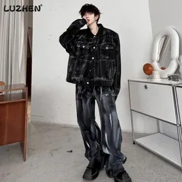 Luzhen Mens Sets High Street Denim Suit 2 PCS TIE DYE JACKETS KOREANファッションバギージーンズ男性秋ニッチシックF9BA6C 240122