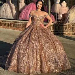 Luxury Champagne Gold Sweetheart Sequined Quinceanera Dresses Sweet 16 Girls Off Shoulder Ball Gown Birthday Party Dress Prom Vestido