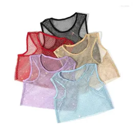 Women'S Tanks Camis Womens Leqoel Crystal Diamond Mesh Tops For Women Small Vest Round Collar Shirt Tank Fishnet Slim Fit Cropped Dhvmw