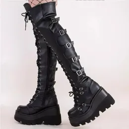 Gothic Thigh High Boots Women Platform Wedges Motorcycle Boot Over The Knee Army Stripper Heels Punk Lace-up Belt Buckle Long 240125