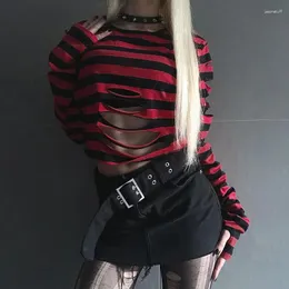 Kadın Tişörtleri İnsgoth Striped Sweaters Street Cutout Noel Gevşek Koyu Uzun Kollu Üstler Y2K Gotik Harajuku Grunge Tek Neck Kış