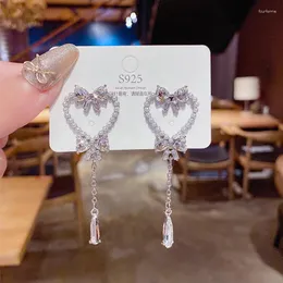 Dingle örhängen koreansk mode söt pärla ihålig hjärtfall för kvinnor flickor bowknot kristall lång lyx smycken gåva