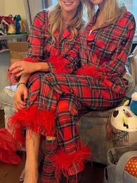 여자 잠자기 크리스마스 크리스마스 2pcs 세트 긴 슬리브 옷깃 버튼 업 셔츠 상단 단색/격자 무늬 프린트 깃털 장식 바지 pajama