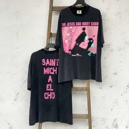 Homens camisetas Saint Michael Cho personagem abstrato impressão vintage high street angustiado lavado mangas curtas