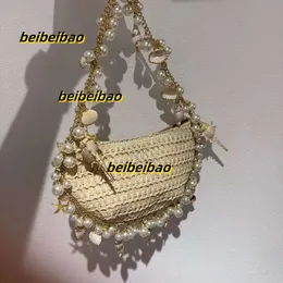 Evening Bags Weave Straw Shoulder Bags For Women Beach Bags Conch Pearls Fashion Star Shells Underarm Bags Ladies Casual Sea Vacation Zipper Bags 2024