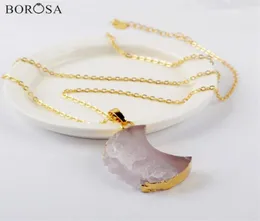 BOROSA 5 10 Pz Crescent Collana con ciondolo a fetta di agata naturale Luna d'oro Collana di cristallo Druzy Dichiarazione Donna G1963N276I9088046