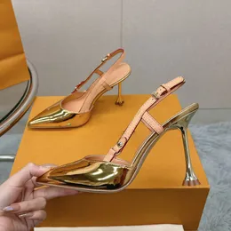 Neue Pflaumenabsatz schlanke Gurt Sandalen glänzende High Heels Slingback Gold Silber Frauen Pumpen Metallic Sandals Pointy Toe