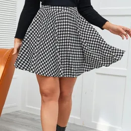 Plus Size Black And White Houndstooth Print Summer Elegant Flared Skirt Women Elastic Waist Casual Mini Skirt Large Size 6XL 7XL 240126