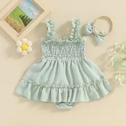Girl Dresses Born Kids Baby Romper Dress Sleeveless Pompoms Jumpsuits Little Overall Headband Outfits