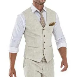 Summer Beige Linen Men Vest Fashion V Neck Sleeveless Single Breasted Waistcoat Groom Man Wedding Tuxedo Only 1 Piece 240130