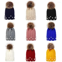 Berets infantil torção de malha pérola crânio boné com cabelo falso pompom bola outono inverno gorro chapéu para crianças bebê menina menino quente bonnet