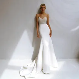 New Bohemian Wed Crystal Gowns Summer Bridal Dress Robe De Mariee Sexy Spaghetti Strap Pearls Beaded Corset Beach Mermaid Wedding Dresses 403