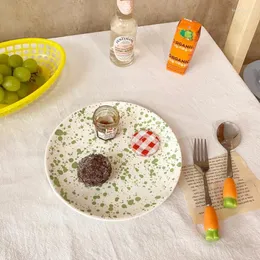 Plates Korean Style Porcelain Plate Ins Vintage Splash-Ink Round Flat Restaurant Tableware Afternoon Tea Dessert Cookies Cake