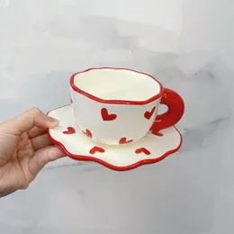 Romantic Handpainted Love Heart Mug Gifts Korean Ins Style Coffee Tea Cup Saucer Set Creative Milk Porcelain Gift 240130