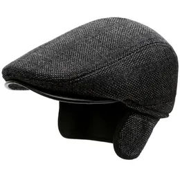 HT3742 Beret Cap Autumn Winter Hat Vintage Plaid Wool Beret Hats with Ear Flaps Thick Warm Ivy sboy Flat Cap Berets for Men 240124