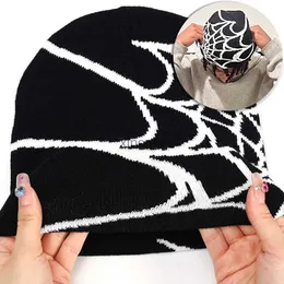 Beanie/Totenkopfkappen Goth Spider Web Jacquard Beanie Caps Y2K Vintage Gestrickte Warme Hip Hop Unisex Slouchy Elastische Strickmütze Totenkopfkappe Für Frauen Männer YQ240207