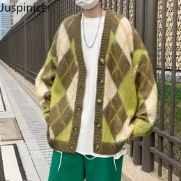 JUSPINICE Chic Cardigan Man Plaid Vneck z długim rękawem w stylu japoński luźne swobodne swetry korean koreański