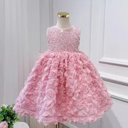 2024 New Pink Rose Flower Flower Girl Dresses Jewel Neck Ball Gow Sciren Beads Princess Girls Pageant Dress Baby Kids 생일 첫 성찬식 가운 403