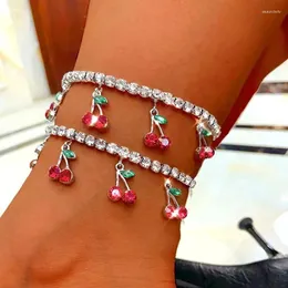 Anklets 2024 Fashion Red Cherry Tassel Tennis Chain Anklet for Women Crystal Zircon Fruit Bracelet Bracelet Bracelet Jewelry