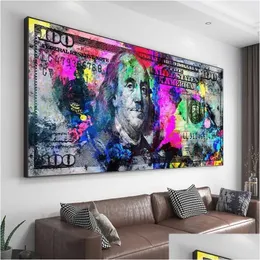 Målningar Inspirerande dollar Skriv ut 100 dollar affisch Kontant Art Bill Money Canvas vardagsrum Dekoration Vägg Bild Drop Delivery DHW8N