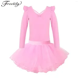 Scene Wear Kids Girls Ballet Dance Dress Long Sleeve Leotard med Tutu Kjol Set Gymnastik Dancing Class Training Performance Dancewear