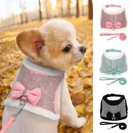 Dog Collars Bling Rhinestones Harness And Leash Set Warm Fur Dogs Winter Vest For Small Medium Cats With Bowtie Chihuahua