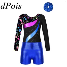 Stage Wear Kids Long Sleeve Printed Patchwork Rhythmic Gymnastics Leotard With Shorts Children Dancewear Sets For Girls Skating Bodysuits